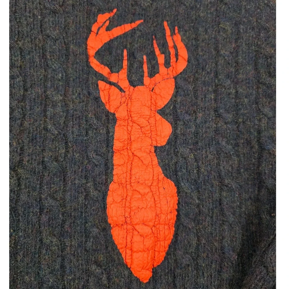 Alps Merrimac Valley Mens Navy Blue Cable Knit Wool Sweater Red Deer Head Size M